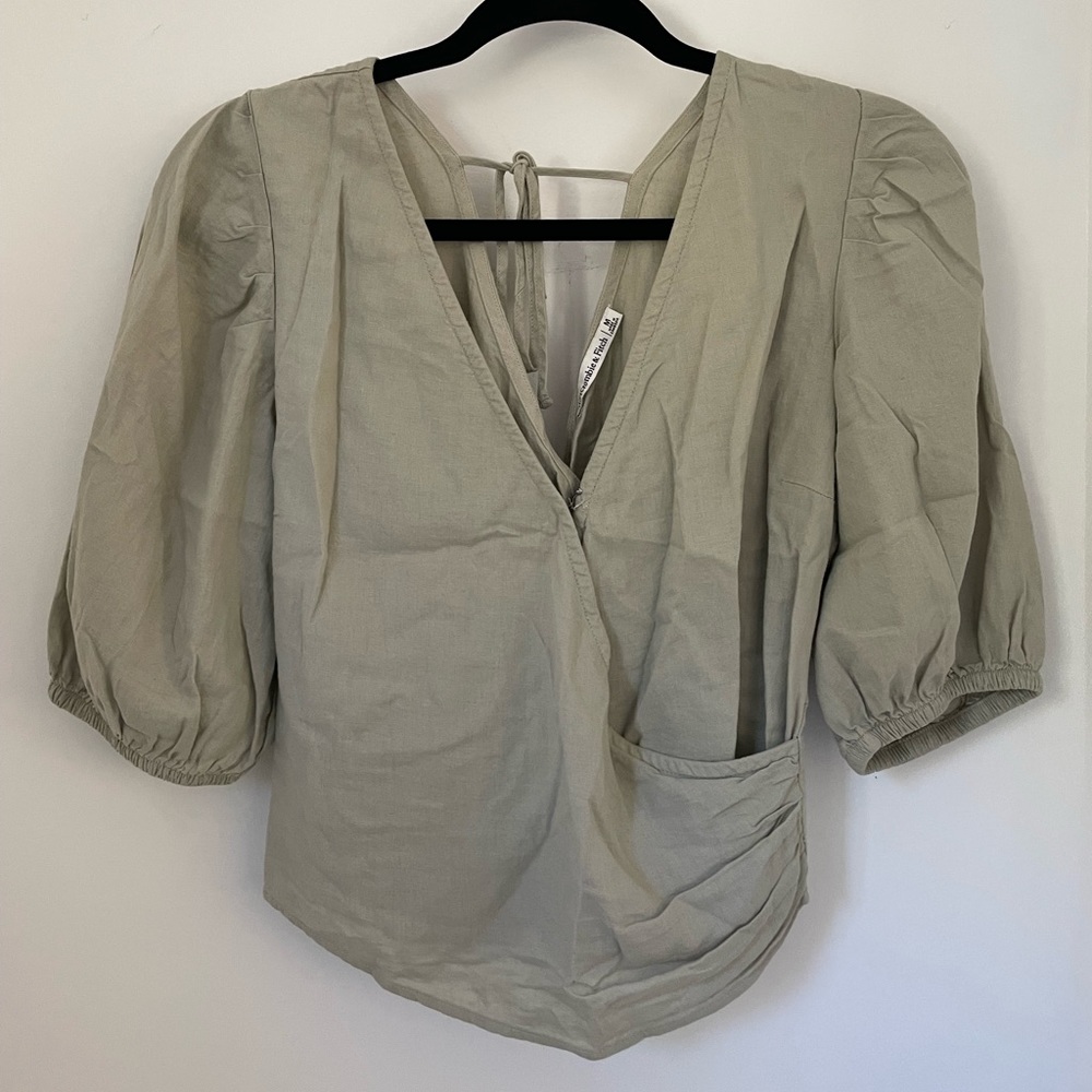 Abercrombie Puff Sleeve Wrap Top, Sage Green